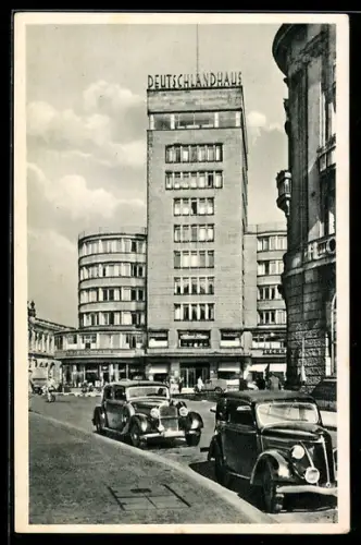 AK Essen, Deutschlandhaus mit Strassenpartie