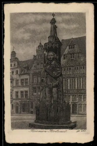 Künstler-AK Bremen, Roland mit Strassenpartie