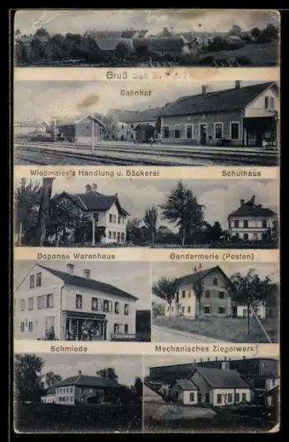 AK Sattledt, Doponas Warenhaus, Schulhaus, Bahnhof