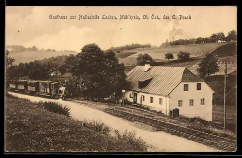 AK Feldkirchen an der Donau, Lacken im Mühlkreis, Bahnhof und Gasthaus zur Haltestelle, Inh. E. Posch