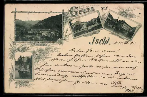 AK Ischl, Totalansicht vom Gassner aus gesehen, Kaiserliche Villa, Hotel Elisabeth, Kreuzstein