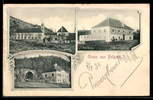 AK Pulgarn, Knolls Gasthaus, Meierhof und Jägerhaus mit Klosterruine