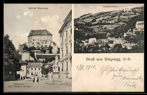 AK Steyregg /O.Ö., Schloss Steyregg und Totalansicht, Gasthaus zum Weissen Wolfen