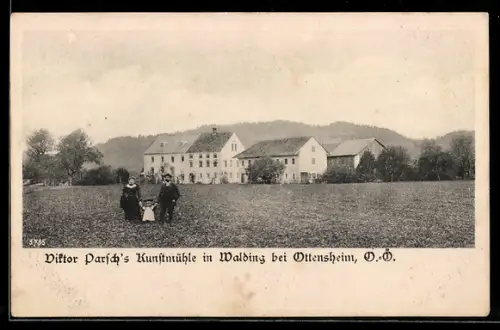 AK Walding bei Ottensheim, Viktor Parschs Kunstmühle mit Umgebung