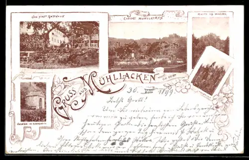 AK Mühllacken /Ob.-Oest., Joh. Eckl`s Gasthof, Totalansicht, Ruine Ob. Wallsee und Eisenquelle
