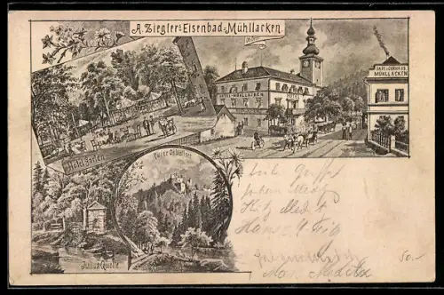 Lithographie Mühllacken, Bade- und Curhaus Mühllacken A. Ziegler, Ruine Ob. Wallsee, Julius Quelle