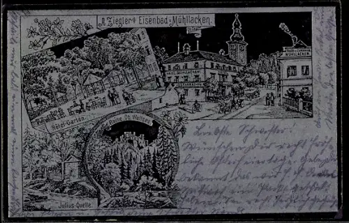 Künstler-AK Mühllacken, Ortspartie mit Kirche und Badehaus, Hotel-Garten und Julius-Quelle