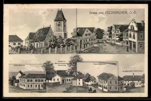 Künstler-AK Feldkirchen /O.-Ö., Strassenpartie an der Kirche, Haider`s Gemischtwarengeschäft und St. Neubauer Hufschmied