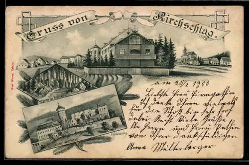Lithographie Kirchschlag, Ortsparthie, Parthie zur Rudolfsquelle, Burgruine Wildberg