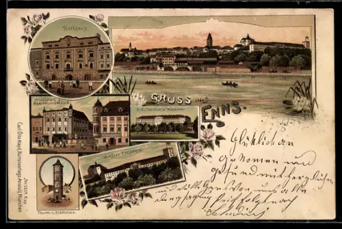 Lithographie Enns, Totalansicht vom Wasser aus, Rathaus, Schloss Ensegg und Kavallerie-Kaserne