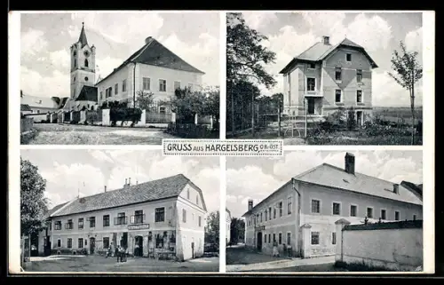 AK Hargelsberg, Geschäft von Josef P., Villa und Kirche