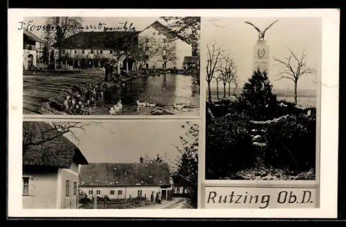 AK Hörsching /O.-Oe., Rutzing, Kriegerdenkmal, Partie am Teich und Wohnhäuser