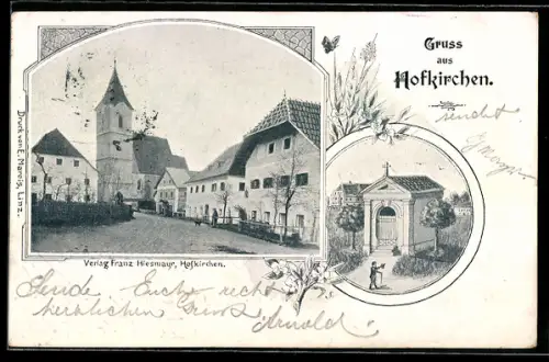 AK Hofkirchen im Traunkreis, Strassenpartie mit Kirche