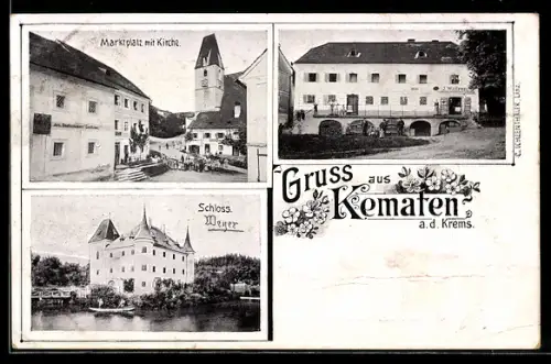 AK Kematen a. d. Krems, Marktplatz mit Kirche, Schloss Weyer und Geschäft von J. Wolfram
