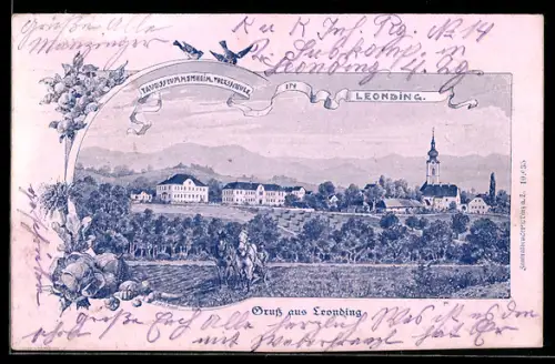 AK Leonding, Totalansicht mit Kirche, Taubstummenheim und Volksschule