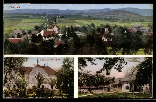 AK Pramet, Feitzingers Handlung, Villa Enzinger, Ortsansicht