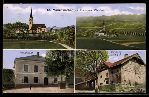 AK St. Marienkirchen am Hausruck, Teilansicht mit Kirche, Geschäft J. Gillmaier und Schule