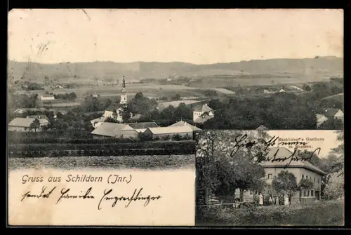 AK Schildorn /Inr., Totalansicht mit Kirche und Rachbauer`s Gasthaus in Ebersau