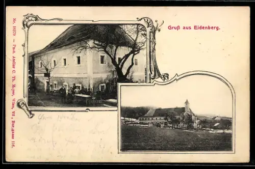 AK Eidenberg, Gasthaus mit Anwohnern, Blick auf den Ort