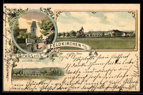 Lithographie Feldkirchen a. D., Schloss Pesenbach, Kirche und Ortsansicht