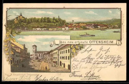 Lithographie Ottensheim, Marktplatz mit Passanten, Ortsansicht mit Dampfer