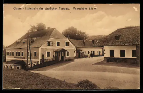 AK Hellmonsödt, Glasau, Haltestelle des staatlichen Postautos mit Gasthaus