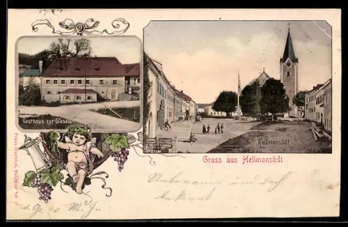 AK Hellmonsödt, Gasthaus zur Glasau, Strassenpartie mit Kirche