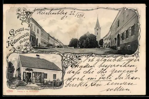 AK Hellmonsödt /Ob. Oest., Enzenhofer`s Handlung und Platz mit Kirche