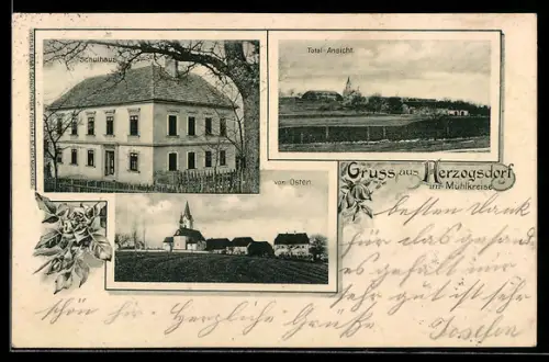 AK Herzogsdorf im Mühlkreis, Schulhaus, Ortsansicht von Osten