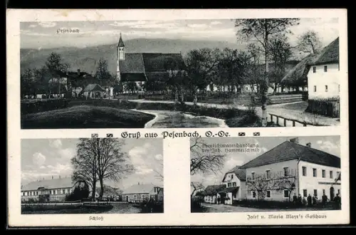 AK Feldkirchen an der Donau, Pesenbach, Gasthaus Mayr, Gemischtwarenhandlung Joh. Hammerschmid, Schloss