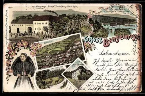 Lithographie Steyregg, Gasthaus Bangelmayr, Donau Eisenbahnbrücke, Graf Weissenwollf's neues Schloss