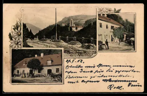 Foto-AK Kirchschlag b. L., Gasthaus zur Pfeife, Schloss und Gasthaus Wildberg
