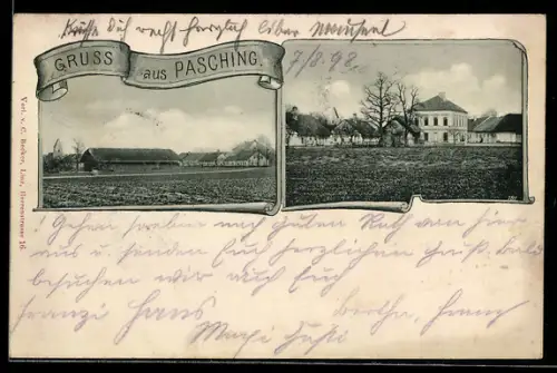 AK Pasching, Teilansichten mit Kirchturm