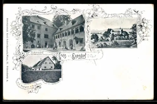 AK Eggendorf /O. Oest., K. k. Postamt und Krämerei, Schlosshof, Schloss und Kirche