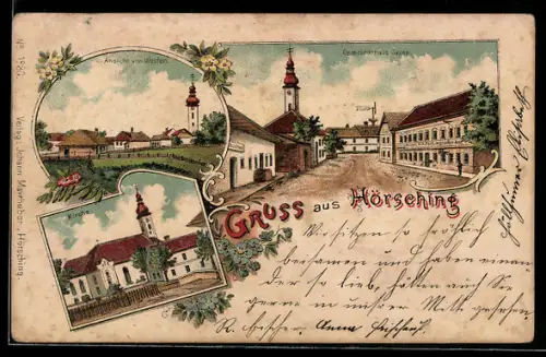 Lithographie Hörsching, Gemeindehausgasse, Kirche, Ansicht von Westen