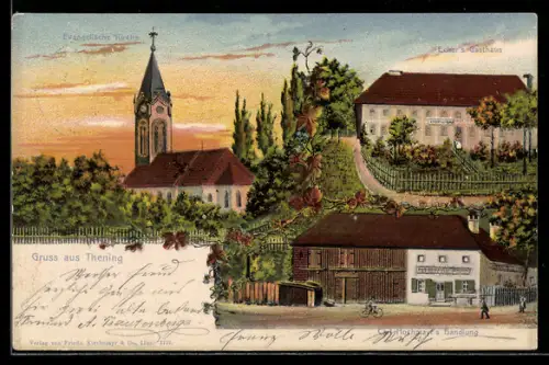 Lithographie Thening, Eckers Gasthaus, Carl Hochmayrs Handlung