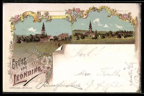 Lithographie Leonding, Ortsansichten mit Kirche