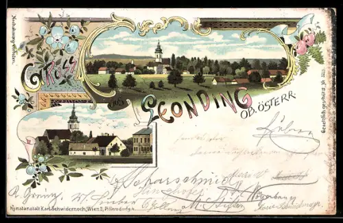 Lithographie Leonding /Ob. Österr., Ortsansicht mit Kirche