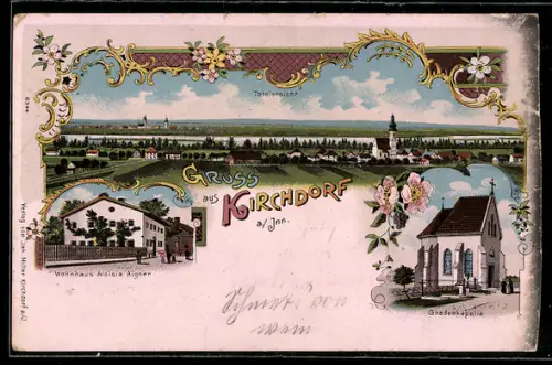 Lithographie Kirchdorf, Gnadenkapelle, Wohnhaus Aloisia Aigner, Totalansicht