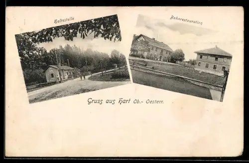 AK Hart /Ob.-Oesterr., Bahn-Restaurant und Haltestelle