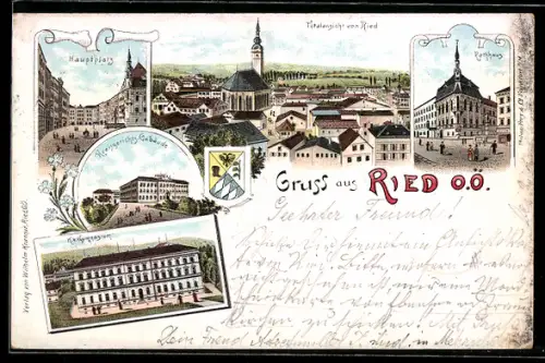 Lithographie Ried, K.k. Gymnasium, Rathaus, Hauptplatz