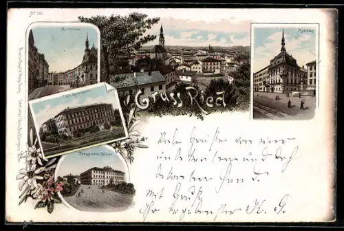 Lithographie Ried, Ortsansicht mit Rathausplatz