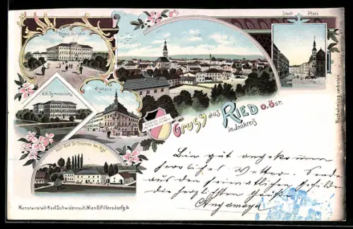 Lithographie Ried /O. Öst., K. k. Gymnasium, Kreisgericht, Rathaus, Heilbad St. Thomas, Stadtplatz