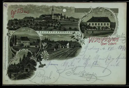 Mondschein-Lithographie Herzogsdorf /Ober-Österr., Riept`s Gasthof, Haltestelle, Bahnhof Gerling, Schloss Eidendorf