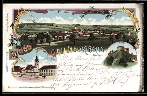 Lithographie Gallneukirchen, Marktplatz, Blick auf Riedegg, Ortsansicht