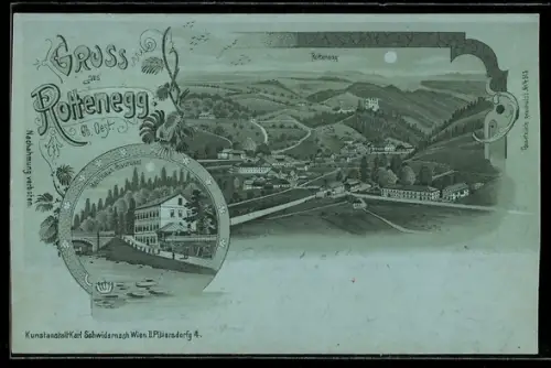Mondschein-Lithographie St. Gotthard im Mühlkreis, Gruss aus Rottenegg, Gasthaus Saurüssl und Totalansicht