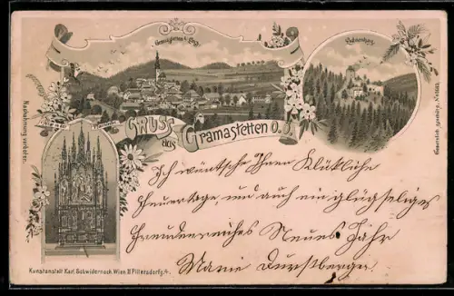 Lithographie Gramastetten /O. Ö., Lichtenhag, Altar in der Pfarrkirche