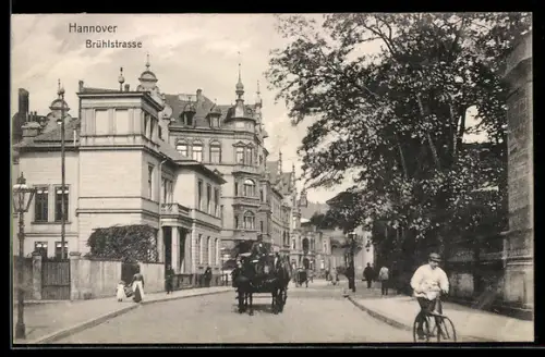 AK Hannover, Blick in die Brühlstrasse, Pferdekutsche