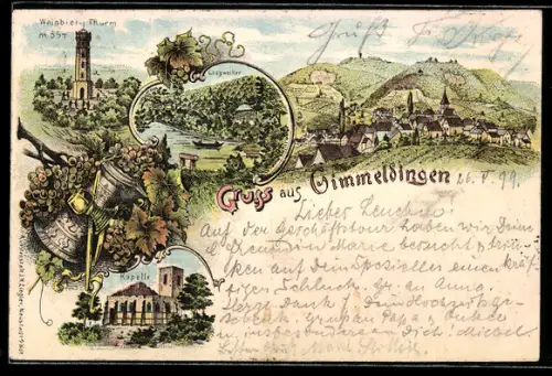 Lithographie Gimmeldingen, Weinbiet-Turm, Loogweiher, Kapelle, Ortsansicht mit umgebenden Weinbergen