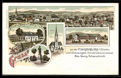 Lithographie Elterlein, Restaurant zur Finkenburg, Kirche, Obererzgeb. Handelsbienenstand, Kriegerdenkmal, Imkerei